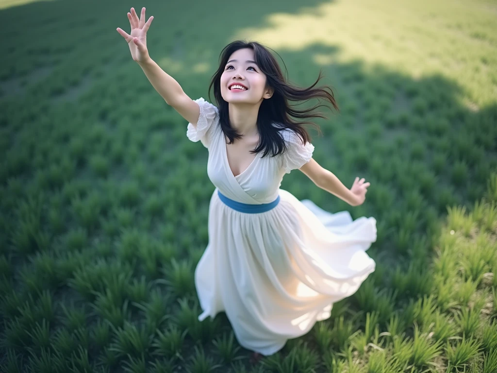 Wide々Standing in the plain、Raise your arms high and look up at the sky in joy、Aerial drone shot of a beautiful Japanese woman making a celebratory gesture。 The viewpoint is from above、The drone captures her entire body in the frame.、Height and distance are emphasized。 She has a delicate and symmetrical face.、Despite the top-down angle、It retains a soft and sophisticated character.。 Black, lustrous hair、Flowing around her in the breeze。 She was wearing a flowing white dress、The blue underneath々It provides an elegant contrast to the lush lawn.。 Her expression is calm and cheerful、Large expressive eyes staring upwards。The sunlight casts a soft shadow、It adds depth and realism to the scene.。 The view from the sky、It emphasizes the freedom and liberation of this moment.。
