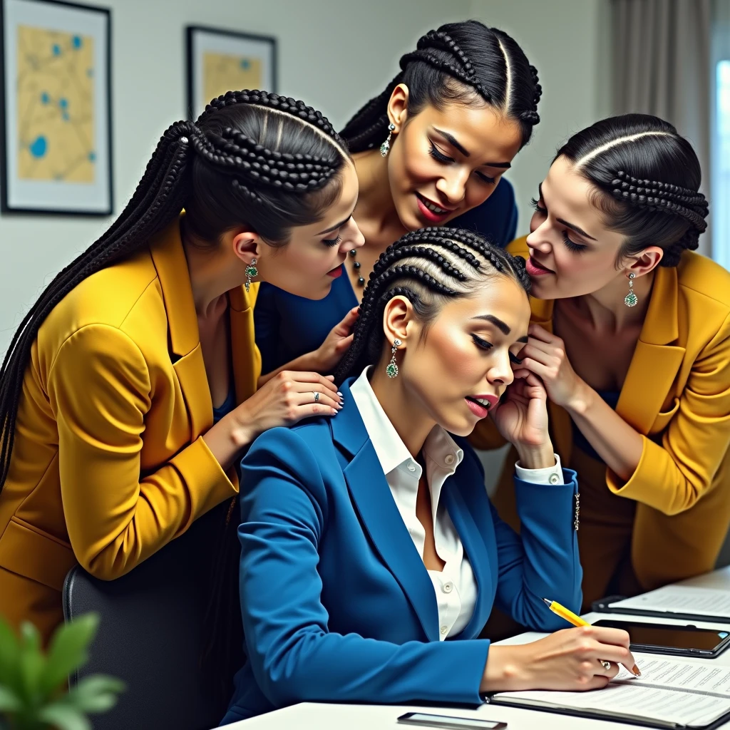 (Best Quality),(High resolution),(8k), (Masterpiece),(Immersive office atmosphere), (chiaroscuro:(1.5,bright light:1.2,luminous lighting)),(background blur:1.5),bluring,(fuji color:1.5),(film grain),{{{Full frame office}},{{Full Bodies}}},in france modern light flooded room,three middle eldery ladies in full nude wearing office raping their eldery full nude french boss with thier wild open tongues and licking her hair scalp and fingering vaginas,sagging-hanging breasts, keeping cornrow,cornrow,cornrow braided hairs totaly wet and styled with using extreme and exteme ultimate super exessive amount of hairgel+hair oil,{french braided,french braieded,french braided hairs like gel+oil drenched super supreme pulp,Shining like mirrors},{Their bodies are smeared with lots of oil},{{{Full Nude}}},{{{Background changed to UHD oluxery CEO room with High class acceseries}}},{{{{Ladies in the image prompt should be eldery,make them as eldery french ladies in age 65 with all the eldery features}}}}},{{{{Make them topless}}}},{{{{Breast esposed}}}}},{{{Ladies poses exacly as per the image prompt in topless, breast exposed,make the breast sagging-hanging as much as possible in realisctic eldery}}}},{{{{{Hairs exactly as per the image prompt making them highly ultra drenched with gallons of hair oil and shinning like mirrors}}}},{{{Ladies tongues out and keep licking hesd scalps as per the image prompt in more realistic way}}}},