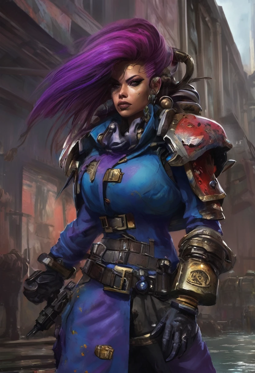 Sophi turner is infected by a Gene Stealer in warhammer 40k ( ragged clothes, 4 large chitinous arms ending in 3 large claws, 4 eyes on the right side of her head, insanely large mouth full of red sharp teeth, long purple tapered tongue, extra powerful legs,skin mottled with ugly chitinous patches, tattered blue uniform of the Astra Militarum), she is poised over a pool of water catching mutant fish in her clawed hands, ruined sci fi gothic city
