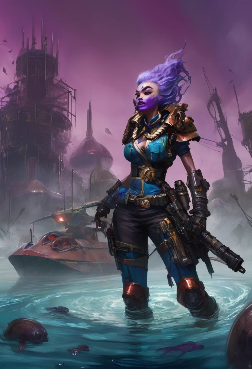Sophi turner is infected by a Gene Stealer in warhammer 40k ( ragged clothes, 4 large chitinous arms ending in 3 large claws, 4 eyes on the right side of her head, insanely large mouth full of red sharp teeth, long purple tapered tongue, extra powerful legs,skin mottled with ugly chitinous patches, tattered blue uniform of the Astra Militarum), she is poised over a pool of water catching mutant fish in her clawed hands, ruined sci fi gothic city