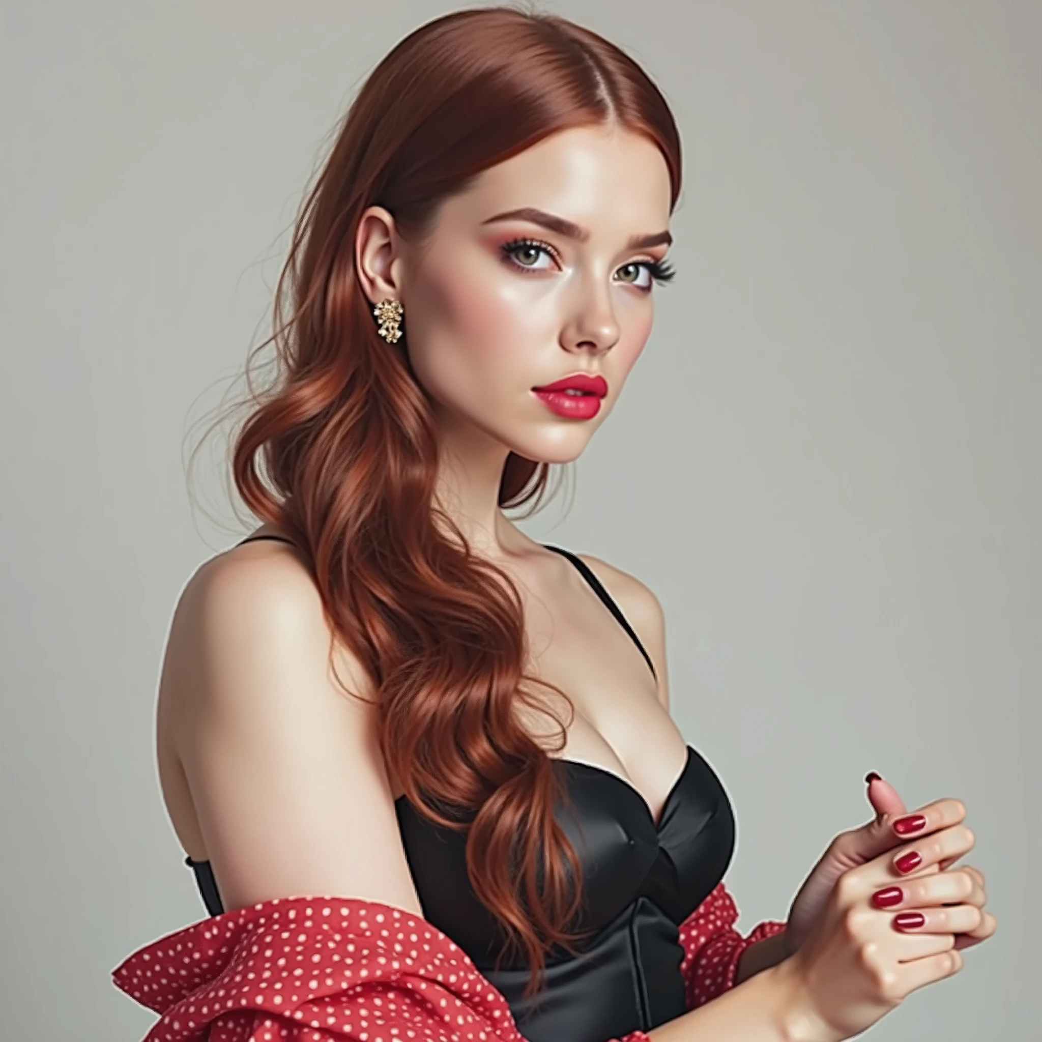a woman with red hair, hyper-realistic skin, shiny/glossy, modern jewelry, gongbi, portraiture, dark teal and light gold, tropical landscapes, Face portrait photo oF a 21 Year-old German woman, .raw, beautiFul woman, half strawberry lips, strawberry lipstick, Fossettes, big breast, realistic legs, high heels, nostalgic look, detailed light brown eyes, great student, thin eyelashes, (Brown extra long blond hair), ((detailed Face)), ((detailed Facial Features and skin texture)), (Finely detailed skin), light brown skin, (Deep neckline detailing high-tech cyberpunk dress), Cyberpunk big city environment, (cold colors), moist, moist, reFlections, (masterpiece) (height ratio / perfect width) (photo realist) (best quality) (detailed) Shot with Canon EOS R5, ObjectiF 50mm, F/2.8, human development report, (8k) (wallpaper) (light) (Dramatic Light) (sharp focus) (complicated), sharp details, skin detail sharpness,