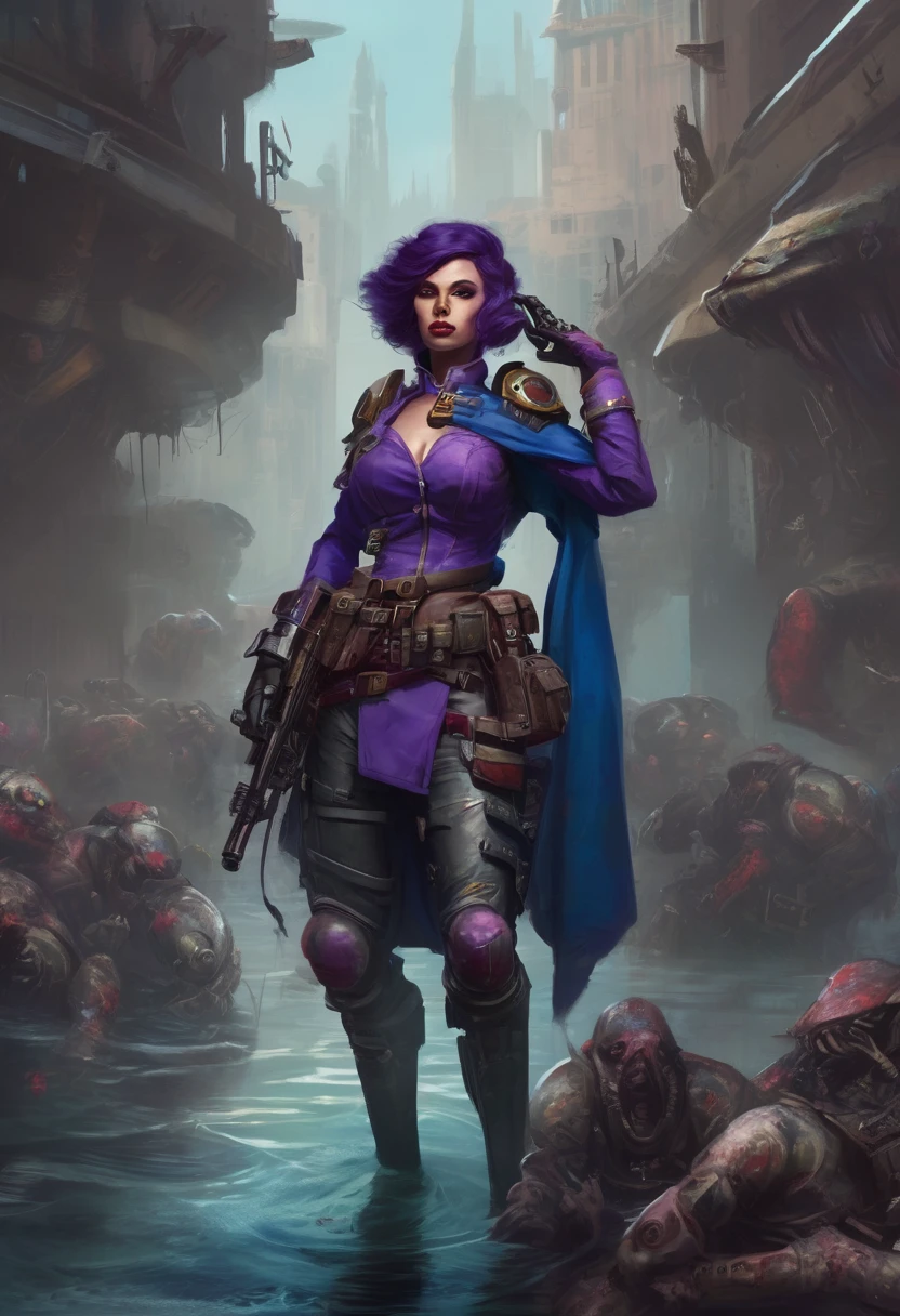 Sophi turner is infected by a Gene Stealer in warhammer 40k ( ragged clothes, 4 large chitinous arms ending in 3 large claws, 4 eyes on the right side of her head, insanely large mouth full of red sharp teeth, long purple tapered tongue, extra powerful legs,skin mottled with ugly chitinous patches, tattered blue uniform of the Astra Militarum), she is poised over a pool of water catching mutant fish in her clawed hands, ruined sci fi gothic city