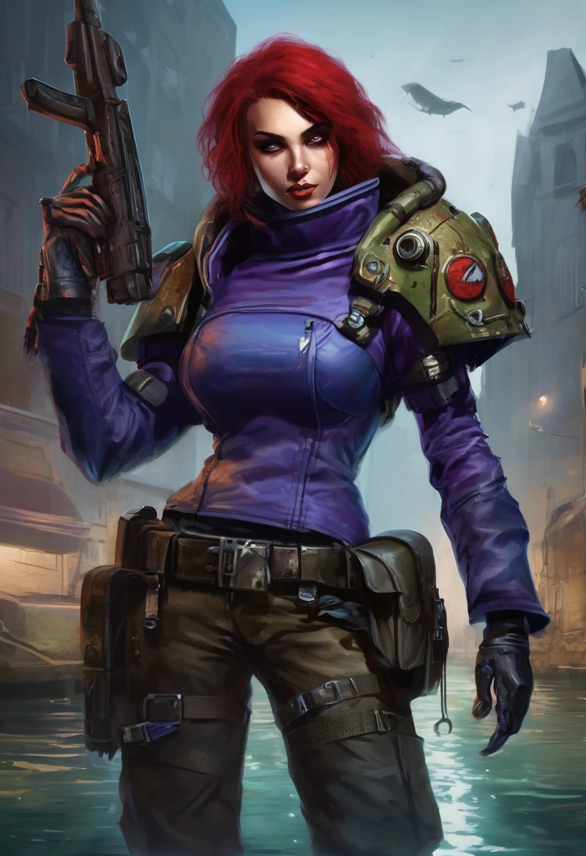 Sophi turner is infected by a Gene Stealer in warhammer 40k ( ragged clothes, 4 large chitinous arms ending in 3 large claws, 4 eyes on the right side of her head, insanely large mouth full of red sharp teeth, long purple tapered tongue, extra powerful legs,skin mottled with ugly chitinous patches, tattered blue uniform of the Astra Militarum), she is poised over a pool of water catching mutant fish in her clawed hands, ruined sci fi gothic city
