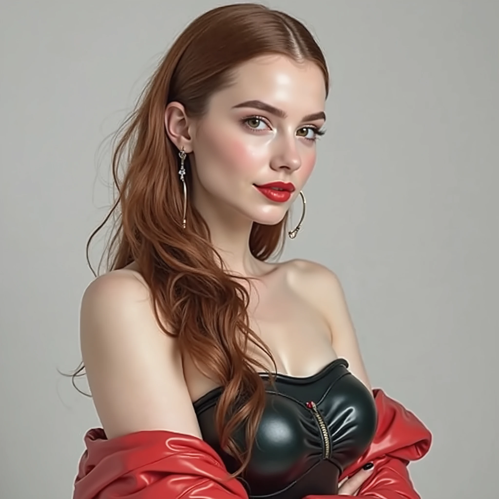 a woman with red hair, hyper-realistic skin, shiny/glossy, modern jewelry, gongbi, portraiture, dark teal and light gold, tropical landscapes, Face portrait photo oF a 21 Year-old German woman, .raw, beautiFul woman, half strawberry lips, strawberry lipstick, Fossettes, big breast, realistic legs, high heels, nostalgic look, detailed light brown eyes, great student, thin eyelashes, (Brown extra long blond hair), ((detailed Face)), ((detailed Facial Features and skin texture)), (Finely detailed skin), light brown skin, (Deep neckline detailing high-tech cyberpunk dress), Cyberpunk big city environment, (cold colors), moist, moist, reFlections, (masterpiece) (height ratio / perfect width) (photo realist) (best quality) (detailed) Shot with Canon EOS R5, ObjectiF 50mm, F/2.8, human development report, (8k) (wallpaper) (light) (Dramatic Light) (sharp focus) (complicated), sharp details, skin detail sharpness, 