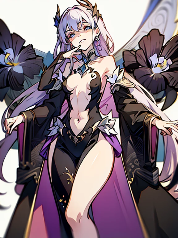 ((((masterpiece, Best Quality, Ultra-high resolution, Best illustrations)))), ((Portrait of a person standing against a white background)), (Very delicate and cute face, Sparkling Eyes), (((black sclera, small white iris))), A beautiful lady named "Sinza" in black is standing diagonally to the left alone., white long hair, large breasts, Her eyes are small white iris and black sclera., She wear black china dress and elbow gloves., full body, evil smile,
