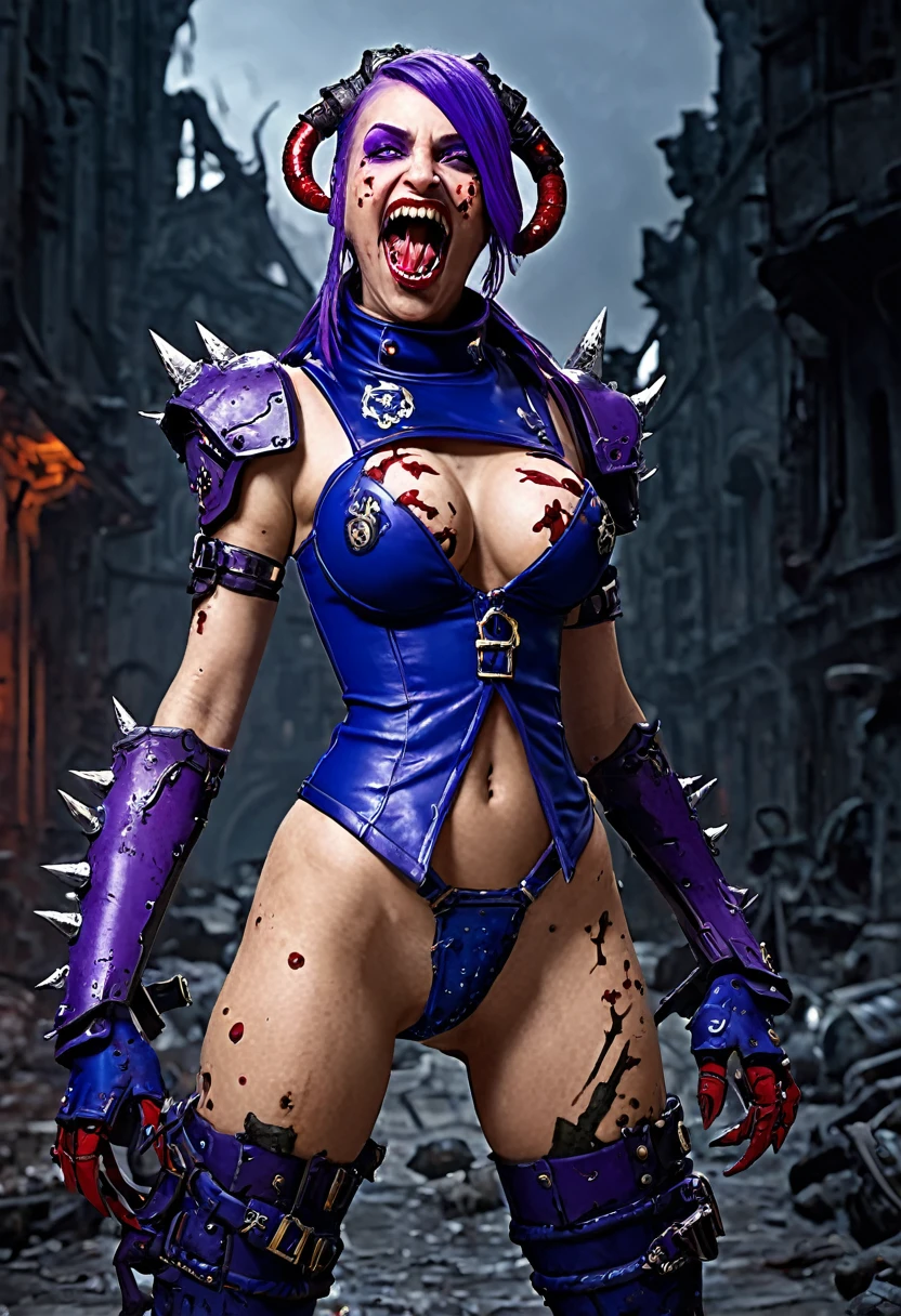 Sophi turner is infected by a Gene Stealer in warhammer 40k ( ragged clothes, 4 large chitinous arms ending in 3 large claws, 4 eyes on the right side of her head, insanely large mouth full of red sharp teeth, long purple tapered tongue, extra powerful legs,skin mottled with ugly chitinous patches, tattered blue uniform of the Astra Militarum), lewd poses at the viewer, ruined sci fi gothic city
