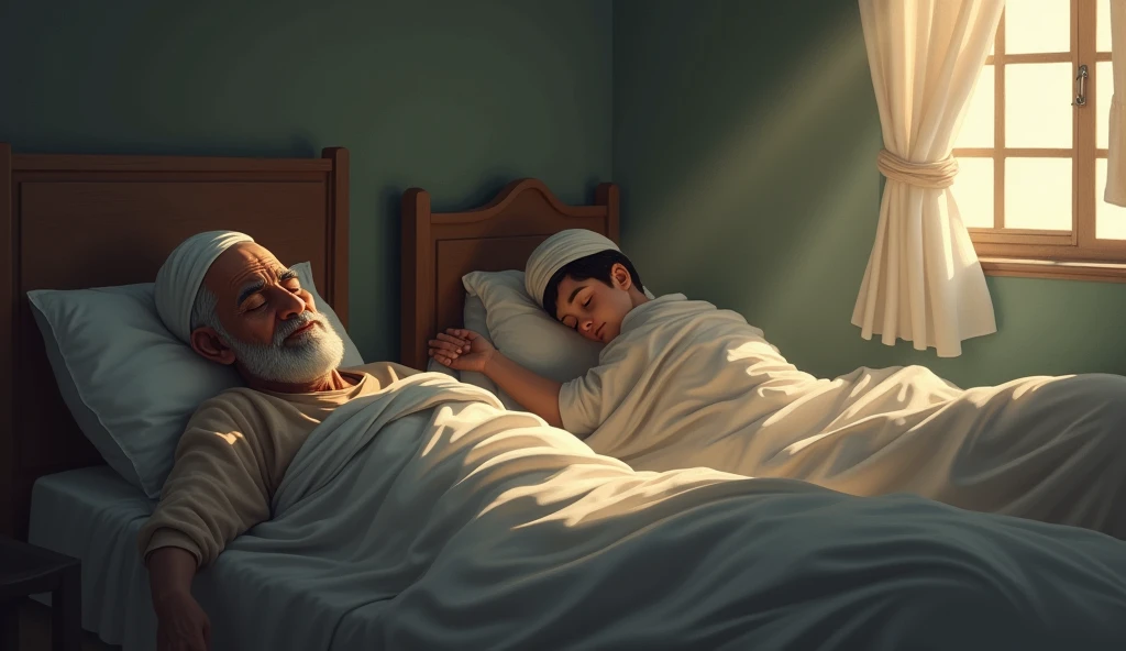 Both the old man Muslim and his companion young Muslim fell into a deep sleep different two bed.
