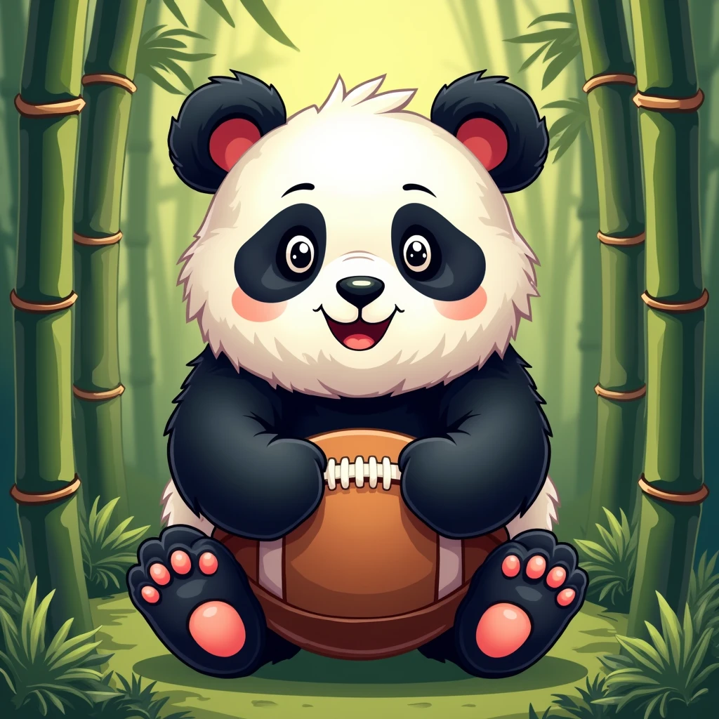 Design a logo，A cute panda，Holding a football，Bamboo behind