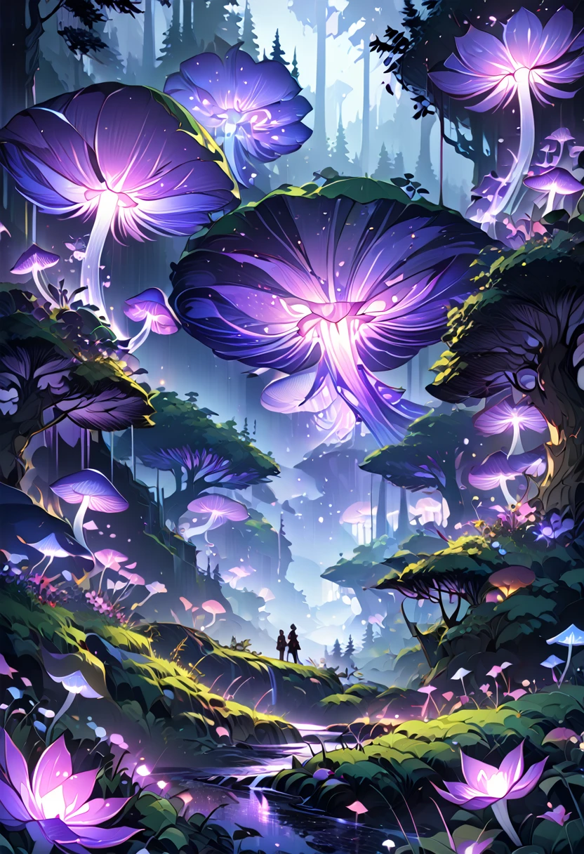 landscape view, abstract landscape, night, shining mushroom, shining flower, anime graphics, forest, intricate, detailed, masterpiece, 8k