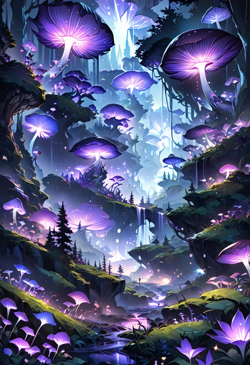 landscape view, abstract landscape, night, shining mushroom, shining flower, anime graphics, forest, intricate, detailed, masterpiece, 8k