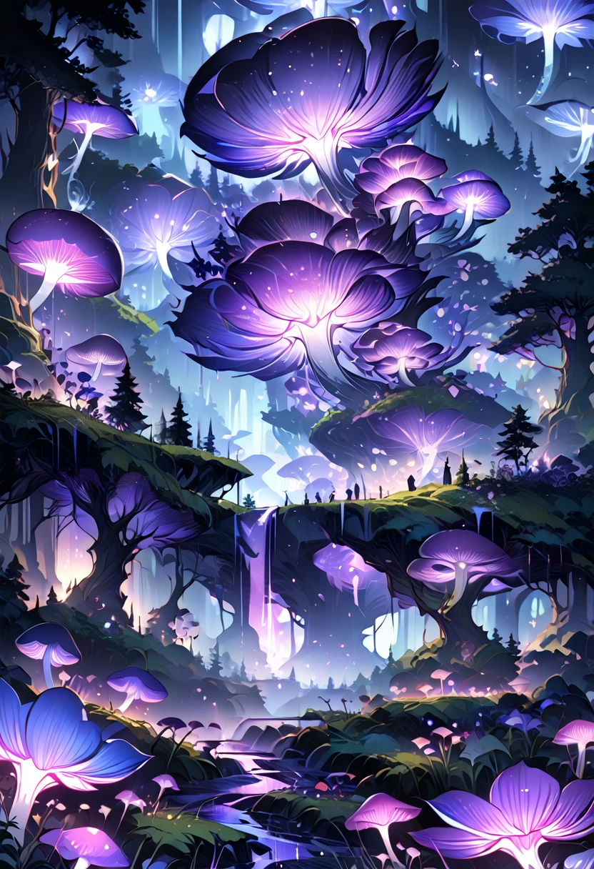 landscape view, abstract landscape, night, shining mushroom, shining flower, anime graphics, forest, intricate, detailed, masterpiece, 8k