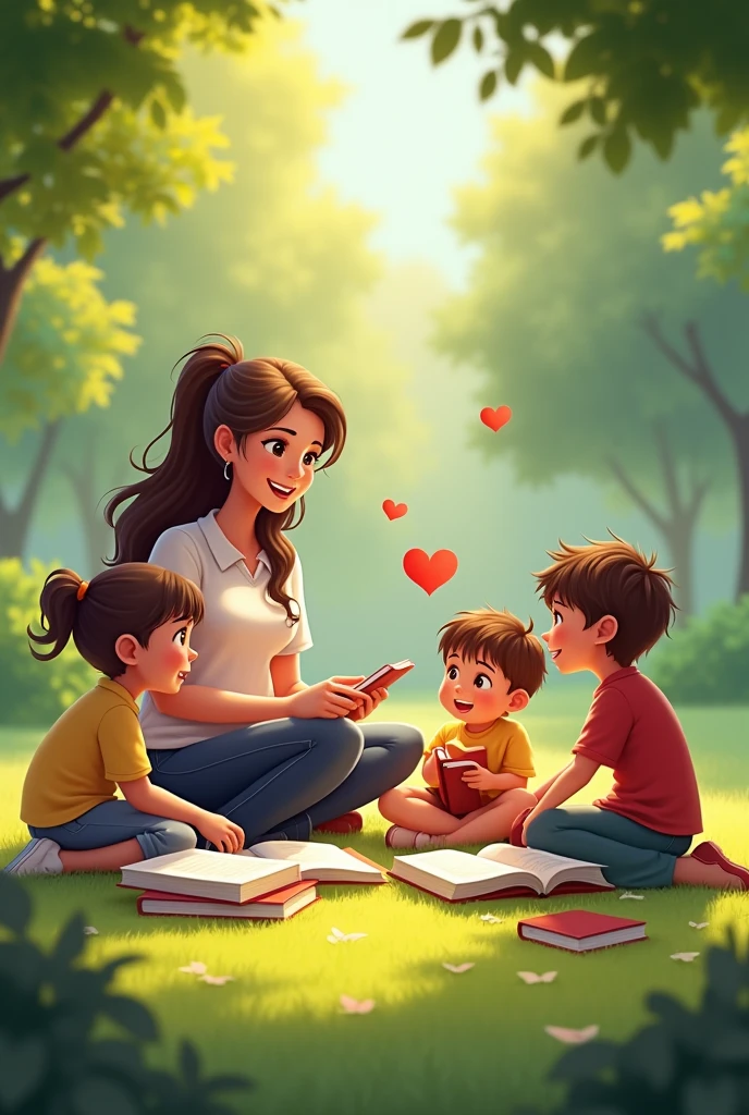Teacher sitting with children with books on the green area floor and Al founded a school with a heart around it