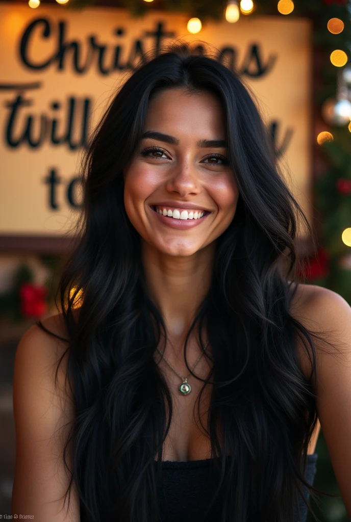 Woman with long black hair smiling in front of a sign, Violet Myers, she&#39;s smiling and excited, fernanda suarez, she&#39;s smiling, profile picture, 1614572159, she&#39;s smiling and happy, looks like a Christmas fairy tale, Julia Fuentes, 1, alani guillen full body and nude