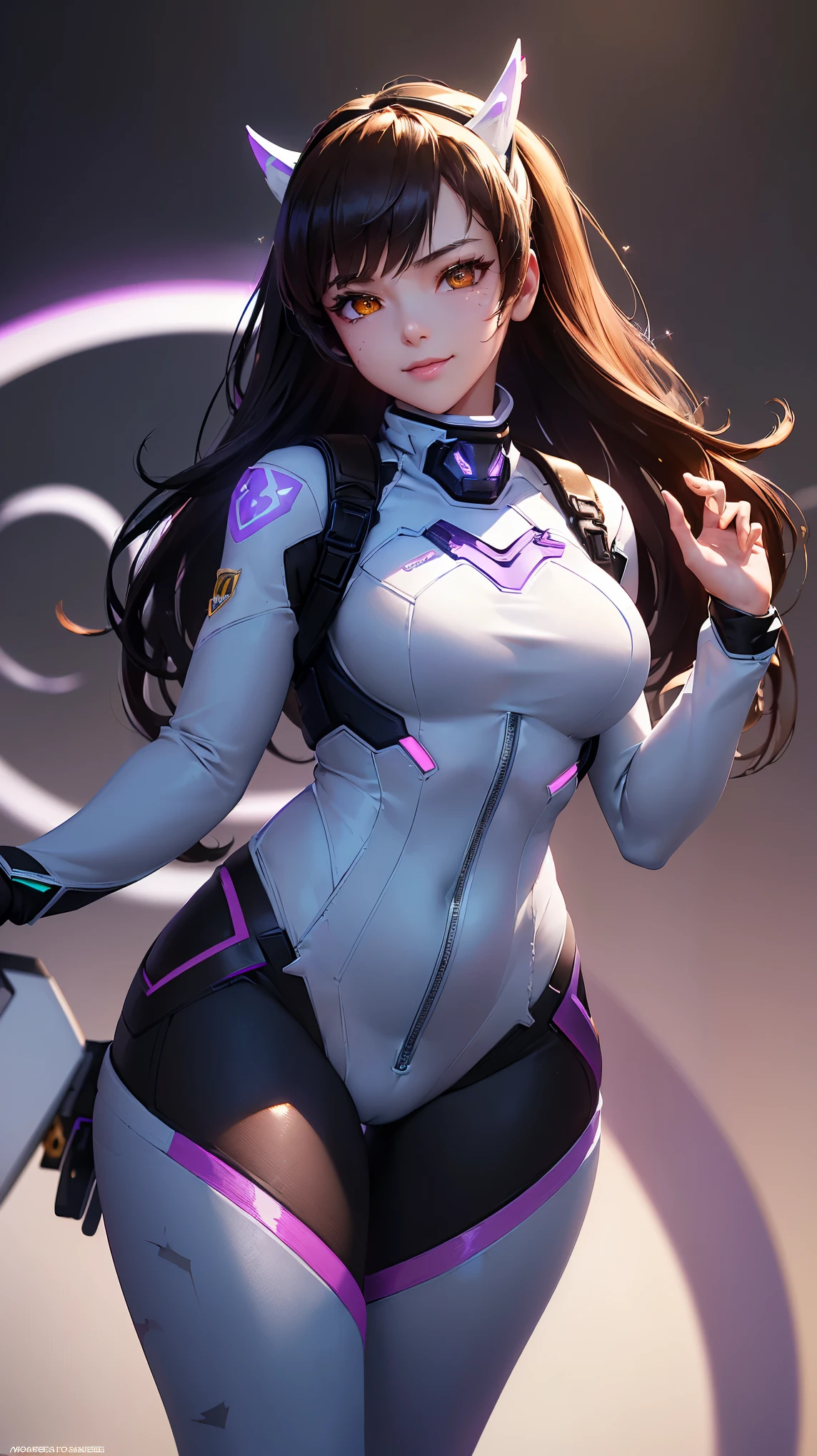 (masterpiece), (best quality), (intricate details), high resolution, visually stunning, sidelighting, (((amber eye colour which glow)), deep shadow, nothing but white background, (Dva from overwatch), (wearing a jumpsuit which is predominantly light blue, with a bit of black and purple on the sides), brown hair, heart-shaped pupils, , seductive smile, cinematic lighting, sparkle, ray tracing, backlighting, ((super shiny face)), thick thighs with skinny body, (winking at pov),
