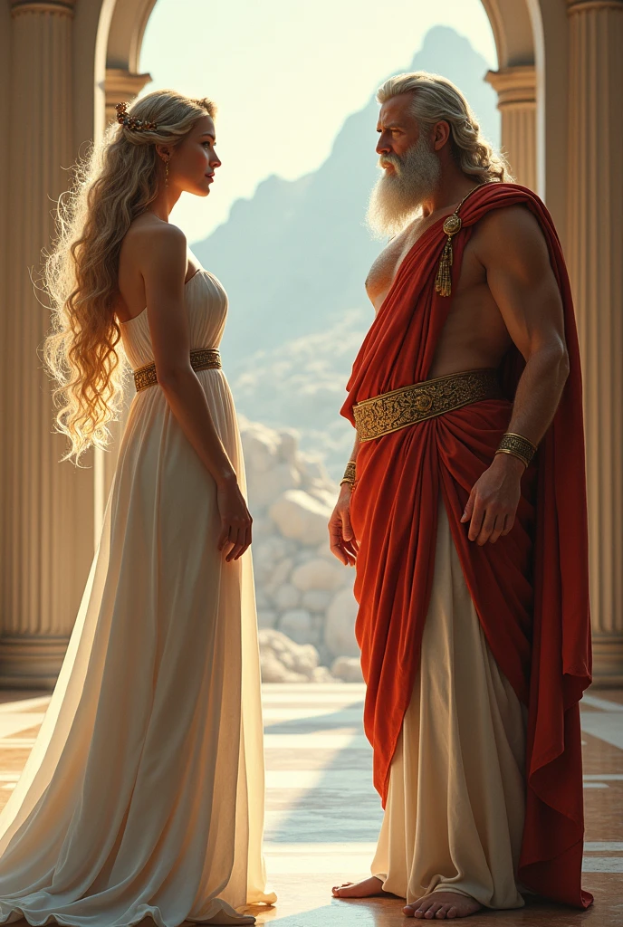 Aphrodite in white dress and blonde hair talking to Zeus who is serious 