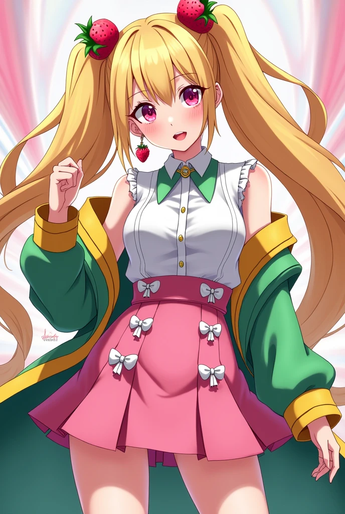 A Danganronpa female character with  a blonde hair with two large pigtails wearing a white Coquette shirt with its ring that goes up to the shoulder, a Pink Lolita Mini Skirt with white bowties on it and a Strawberry earing and she's also wearing a long jacket in Green and yellow colors 
