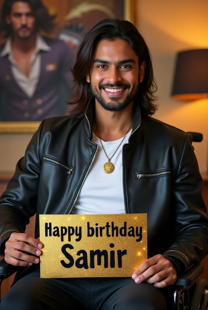 real image of North Indian handsome man wearing leather black jacket and inside the Jacket wearing a white t-shirt,and necklace,jeans black smiling, and the man holding a design letter wheelchair '' Happy Birthday Samir" in shiny gold colors, nice bold, shiny black graffiti fonts, written clearly, and she's holding it.and sitting in a wheelchair Background: luxurious room wallpaper with mlbb hero. High definition, high resolution, photography with sparkles and long,straight hairstyle