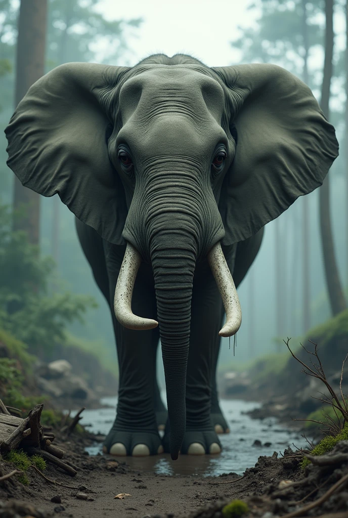 The face of an elephant showing tears flowing because of the flash flood that destroyed the forest