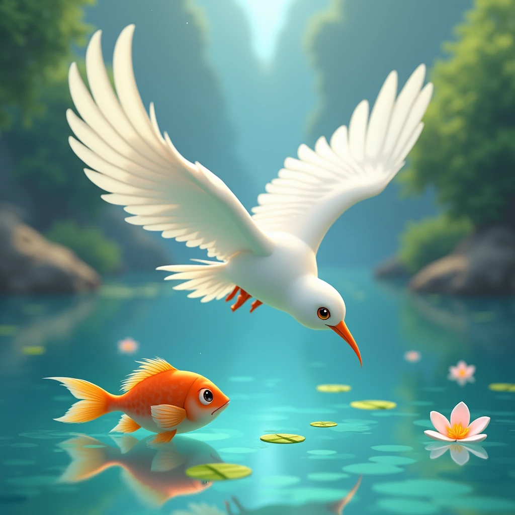 A white-feathered bird, serene and wise, hovering over the surface of a serene lake, watching a little fish that listens attentively, surrounded by floating leaves and aquatic flowers. Disney Pixar style