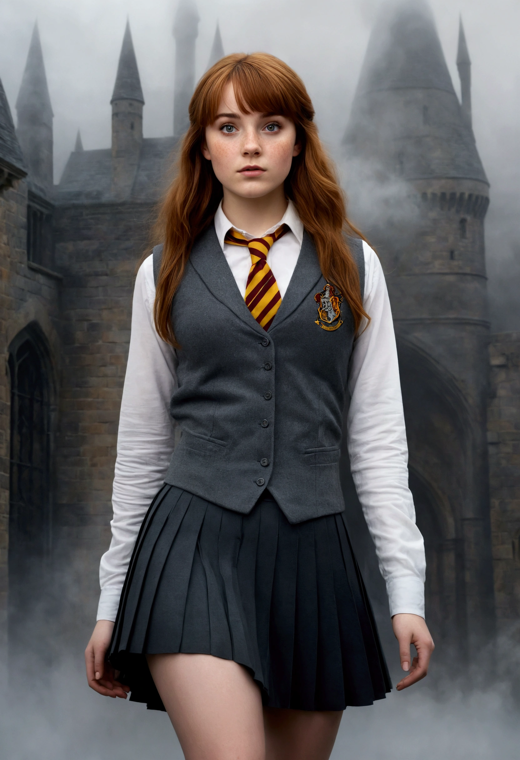 An illustrated movie poster, hand-drawn, full color, a age Hogwarts student, 18-years-old, female, wearing a charcoal vest and a pleated skirt, athletic hourglass figure, full wide hips, massive round butt, long shapely legs, ridiculously thick powerful thighs, vibrant eyes, deep dark auburn hair, thick shaggy bangs, flushed sun-kissed complexion, freckles, resembles Genevieve O'Reilly, standing in a foggy Hogwarts courtyard, surrounded by mist, graphite shading, stencil marks, airbrushed acrylic paint, masterpiece, close-up shot, in the style of the Deathly Hallows