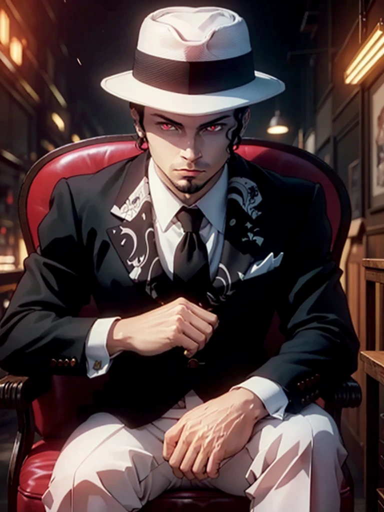(masterpiece:1.2, best quality), MuzanMale, 1boy, male focus, solo, sitting, hat, red eyes, formal, suit, black hair, chair, looking at viewer, white fedora, cinematic lighting, demonic, red particles, detailed background, complex structures, hyperdetailed sharp face, dynamic pose