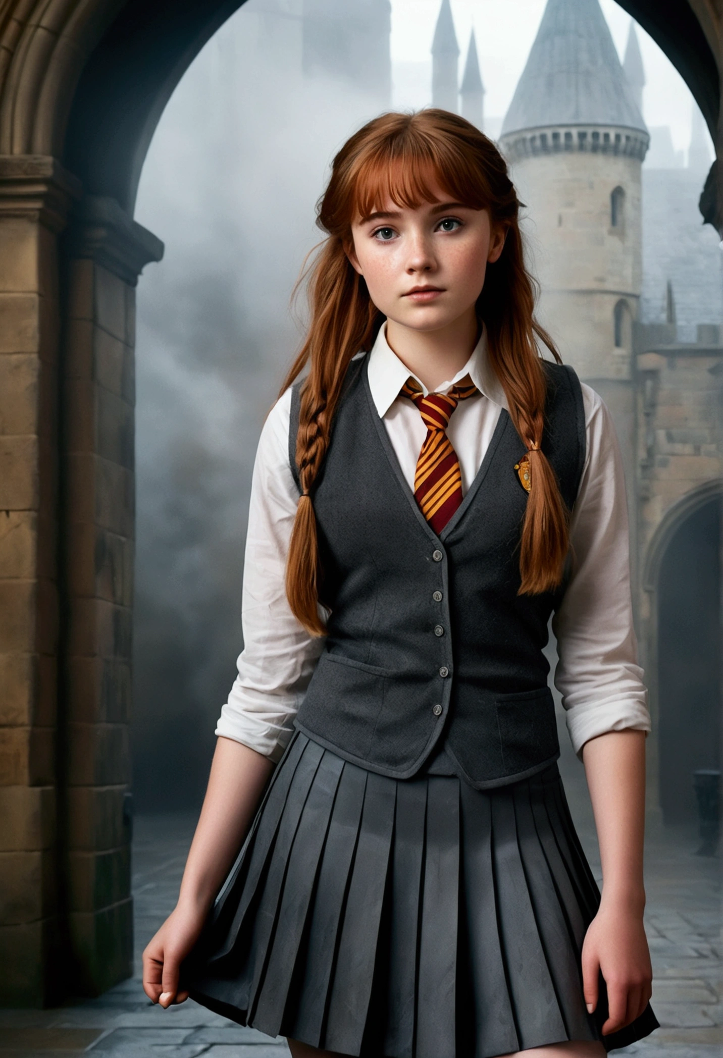 An illustrated movie poster, hand-drawn, full color, a age Hogwarts student, 18-years-old, female, wearing a charcoal vest and a pleated skirt, athletic hourglass figure, full wide hips, massive round butt, long shapely legs, ridiculously thick powerful thighs, vibrant eyes, deep dark auburn hair, thick shaggy bangs, flushed sun-kissed complexion, freckles, resembles Genevieve O'Reilly, standing in a foggy Hogwarts courtyard, surrounded by mist, graphite shading, stencil marks, airbrushed acrylic paint, masterpiece, close-up shot, in the style of the Deathly Hallows