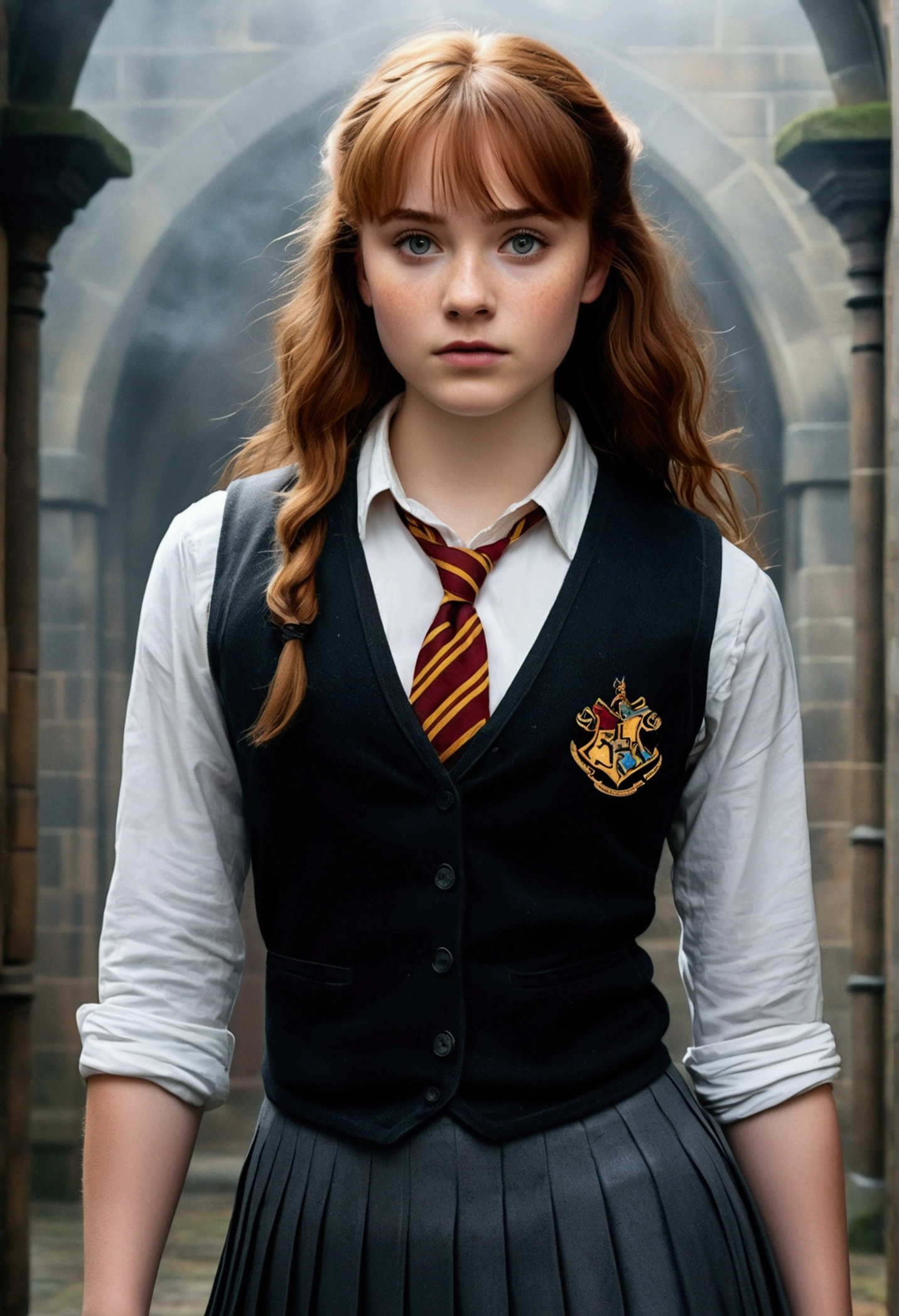 An illustrated movie poster, hand-drawn, full color, a age Hogwarts student, 18-years-old, female, wearing a charcoal vest and a pleated skirt, athletic hourglass figure, full wide hips, massive round butt, long shapely legs, ridiculously thick powerful thighs, vibrant eyes, deep dark auburn hair, thick shaggy bangs, flushed sun-kissed complexion, freckles, resembles Genevieve O'Reilly, standing in a foggy Hogwarts courtyard, surrounded by mist, graphite shading, stencil marks, airbrushed acrylic paint, masterpiece, close-up shot, in the style of the Deathly Hallows