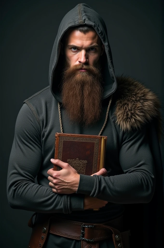 Frontal photo of a young muscular mysterious Viking with a medium brown beard and hooded in a dark environment holding a Bible 