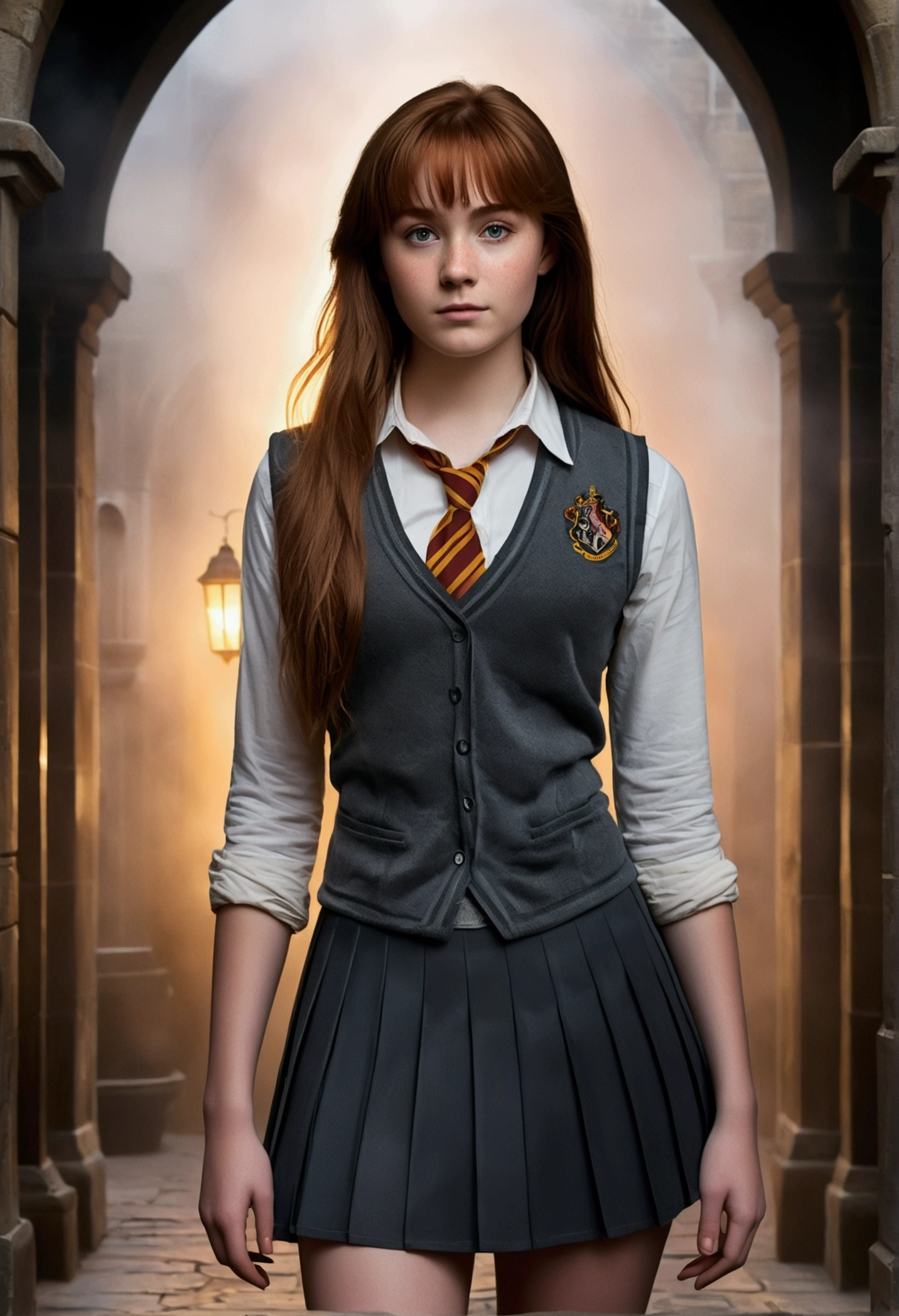 An illustrated movie poster, hand-drawn, full color, a age Hogwarts student, 18-years-old, female, wearing a charcoal vest and a pleated skirt, athletic hourglass figure, full wide hips, massive round butt, long shapely legs, ridiculously thick powerful thighs, vibrant eyes, deep dark auburn hair, thick shaggy bangs, flushed sun-kissed complexion, freckles, resembles Genevieve O'Reilly, standing in a foggy Hogwarts courtyard, surrounded by mist, graphite shading, stencil marks, airbrushed acrylic paint, masterpiece, close-up shot, in the style of the Deathly Hallows 
