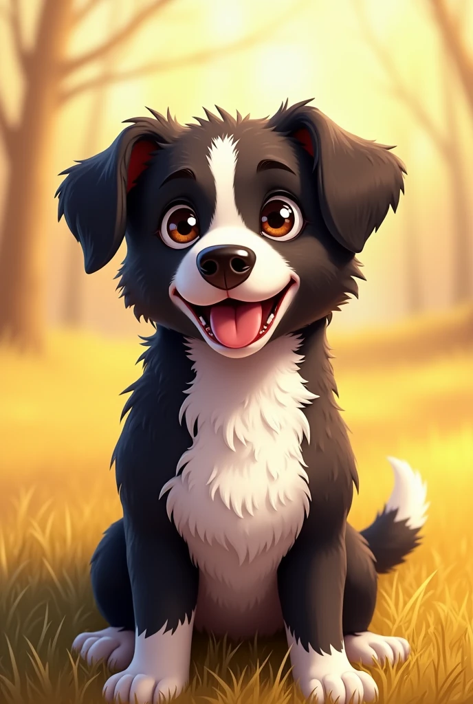 Black dog with short hair and white hair in the center of her chest, happy mutt