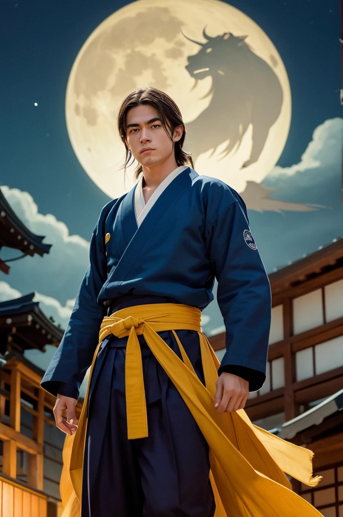 white skinned young man, Long hair, down to the chest, all light blue with light blue tips, Eyebrows are yellow and raised, eyes are red color,he is so cool, The entire upper body is dark brown and looks like a school uniform, with hakama-like pants and a white belt, He is wearing a Japanese-style yellow haori, he is wearing geta, In the background, there are many demons cut to death underfoot, The background is a night in Japan during the Edo period, illuminated by moonlight, he is powerful, Behind him, a pale vision of a roaring lion appears.