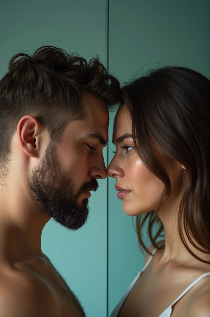 A man and a woman separated in half by a mirror