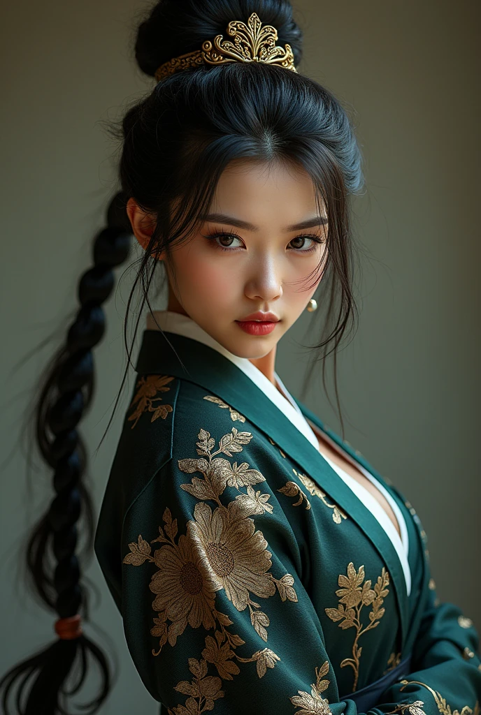 Southeast Asian beauty villain warrior,High target,Skin like jade,Exudes a mysterious and seductive charm,There is a hint of sinisterness in the smile。Dressed in traditional and exquisite samurai attire,The clothes are embroidered with patterns that symbolize strength and courage.。She holds a sharp samurai sword,The blade flashed with cold light,Showing off her excellent swordplay and fighting skills。She stood gracefully and firmly,Gives people a sense of inviolable majesty,