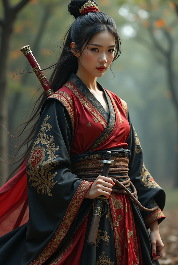 Southeast Asian beauty villain warrior，High target，Skin like jade，Exudes a mysterious and seductive charm，There is a hint of sinisterness in the smile。Dressed in traditional and exquisite samurai attire，The clothes are embroidered with patterns that symbolize strength and courage.。She holds a sharp samurai sword，The blade flashed with cold light，Showing off her excellent swordplay and fighting skills。She stood gracefully and firmly，Gives people a sense of inviolable majesty，