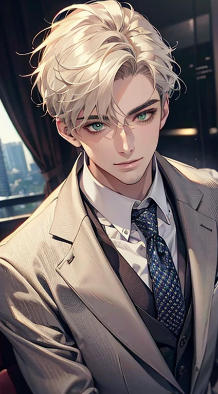 (Highest quality,4K,8K,High resolution,masterpiece:1.2),Super detailed,(Realistic,photoRealistic,photo-Realistic:1.37),1 personld,Mature Men,Beautiful skin、very handsome,Expressionless smile in love,Short white hair,green eyes,Sharp Eyes,A perfect face without a doubt,Businessman, CEO, Office Background,Cinema Lighting,HDR image,tie、