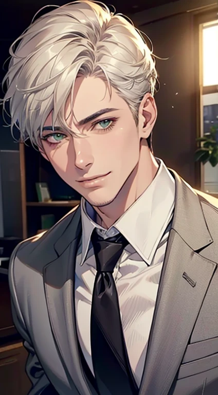 (Highest quality,4K,8K,High resolution,masterpiece:1.2),Super detailed,(Realistic,photoRealistic,photo-Realistic:1.37),1 personld,Mature Men,Beautiful skin、very handsome,Expressionless smile in love,Short white hair,green eyes,Sharp Eyes,A perfect face without a doubt,Businessman, CEO, Office Background,Cinema Lighting,HDR image,tie、