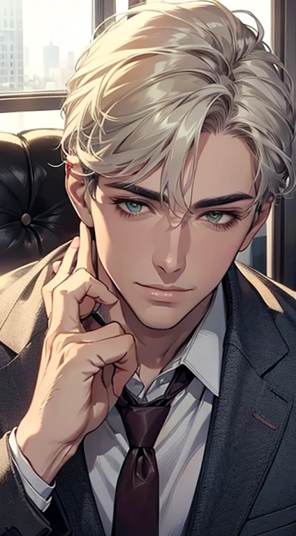 (Highest quality,4K,8K,High resolution,masterpiece:1.2),Super detailed,(Realistic,photoRealistic,photo-Realistic:1.37),1 personld,Mature Men,Beautiful skin、very handsome,Expressionless smile in love,Short white hair,green eyes,Sharp Eyes,A perfect face without a doubt,Businessman, CEO, Office Background,Cinema Lighting,HDR image,tie、