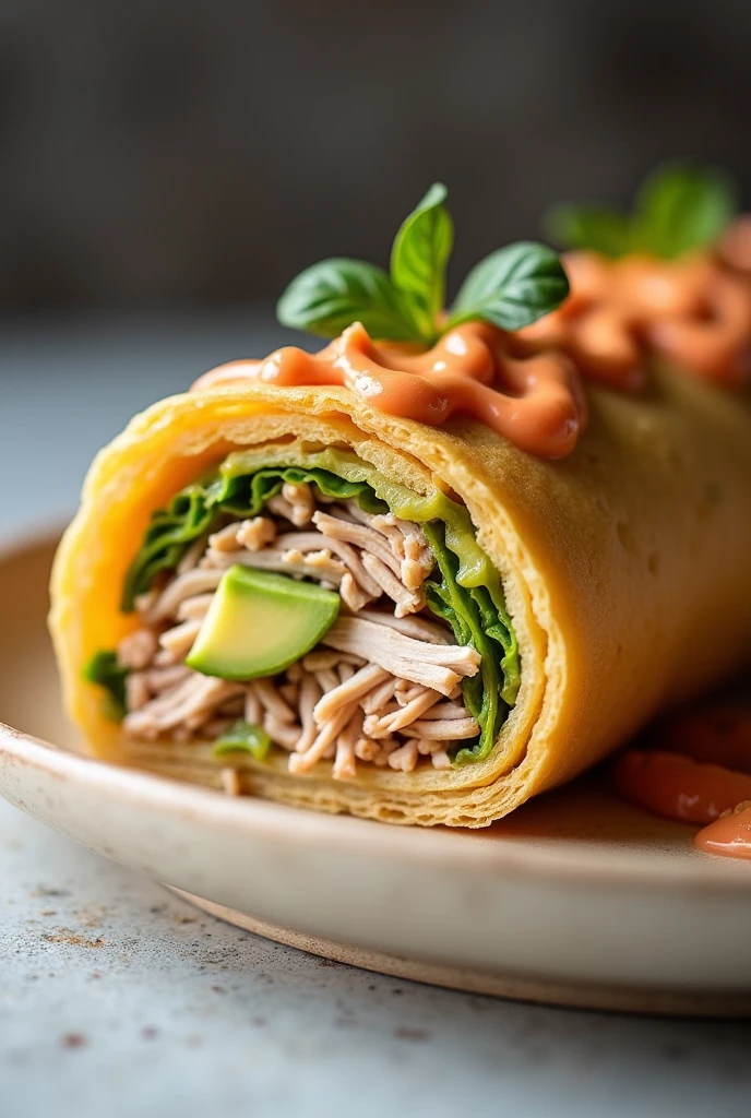 Lima-style cause in the form of a pionono, with avocado inside, tuna, shredded chicken, decorated with chili cream on the outside