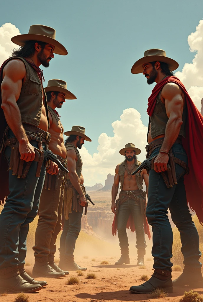 5 handsome cowboy tribesmen against another 5 big ugly cowboy tribesmen who wants to face each other 