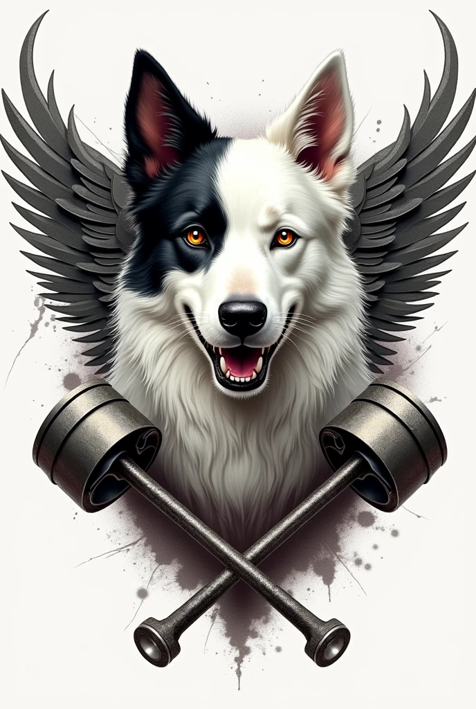 I need a realistic crest for a motorcycle club with a white border colie dog with only the right ear black(but not up to the eye) and angry in the middle but only his bust, with small wings coming out from behind him on the sides, and two crossed pistons coming out of the bottom of the dog's head