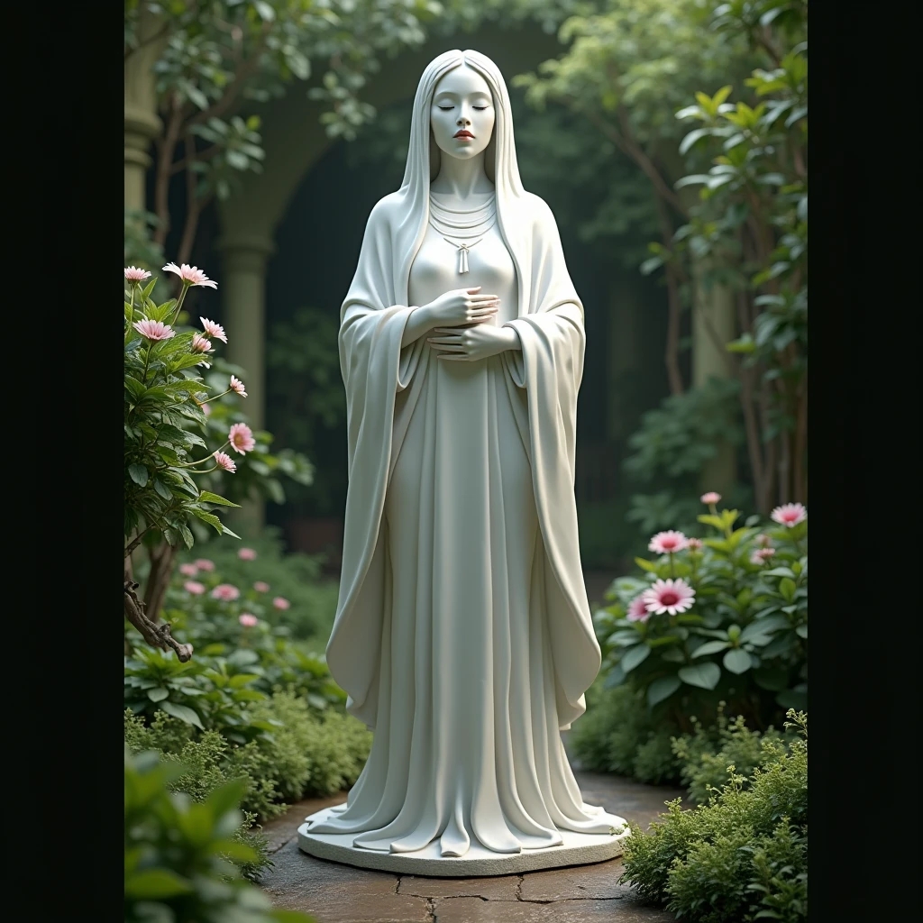 Inca living statue woman all white in garden