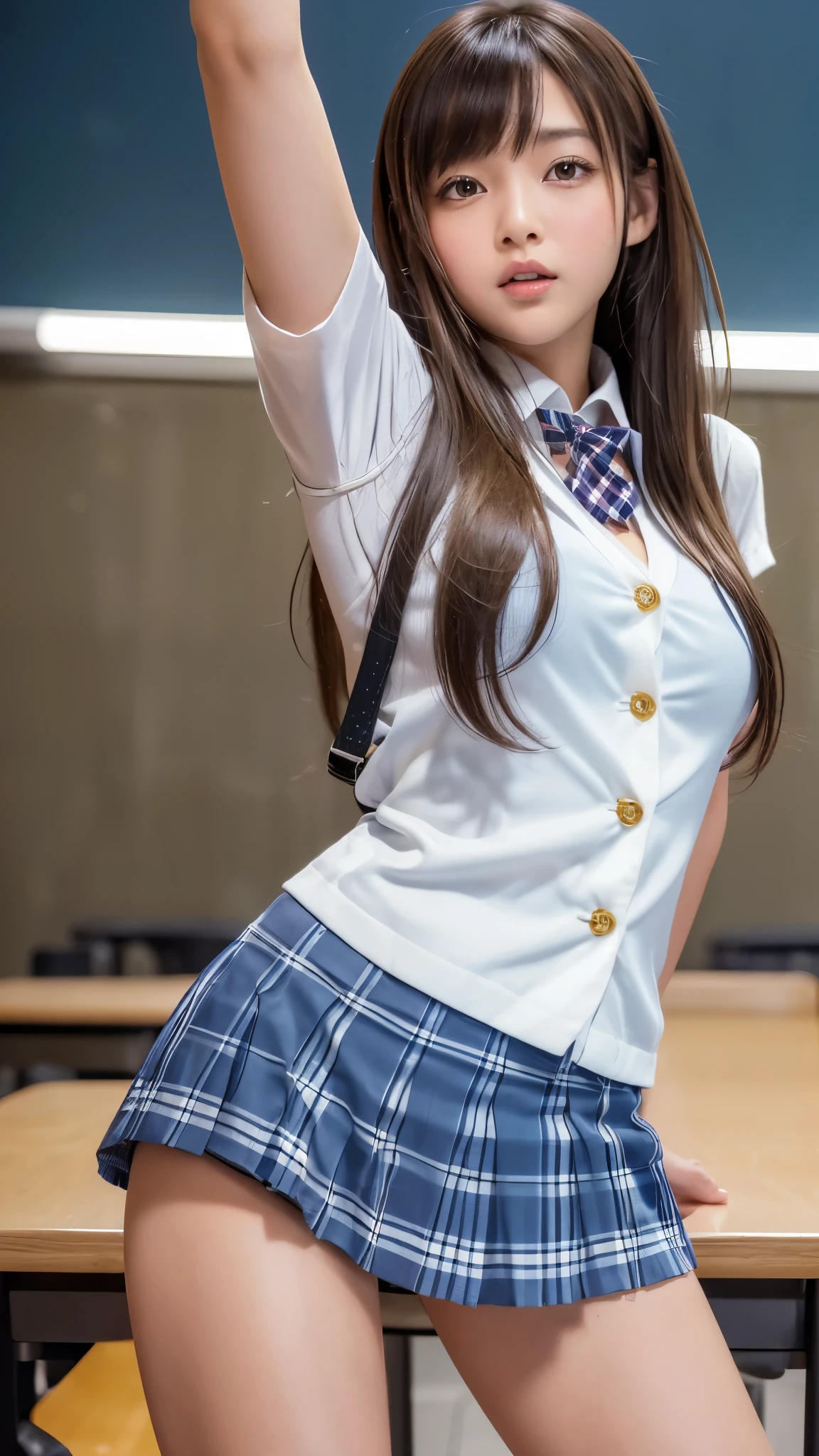 Product quality,1 girl,((Shooting from below:1.4)),((Thigh Emphasis:1.4)),Young and cute Japanese,Daytime, ((High school classroom:1.2)),White short sleeve shirt,Schoolgirl uniform,blazer, ((Ultra short checkered blue micro mini skirt:1.5)),No underwear,Very cute face,Glossy Lips,Beautiful big eyes,Brown eyes,Double eyelids on both eyes,(Natural Makeup),shiny smooth light brown long hair,,,Asymmetrical bangs,Floating Hair NovaFrog Style,Center image,8k resolution,Attention to detail,Detailed hairstyle,Detailed face,Cinema Lighting,Octane Rendering,Ultra-realistic,Perfect limbs,Beautiful legs,Voluptuous thighs,Huge breasts,Perfect Anatomy,Spread your legs,((Provocative dynamic pose:1.5)),Skirt flip,