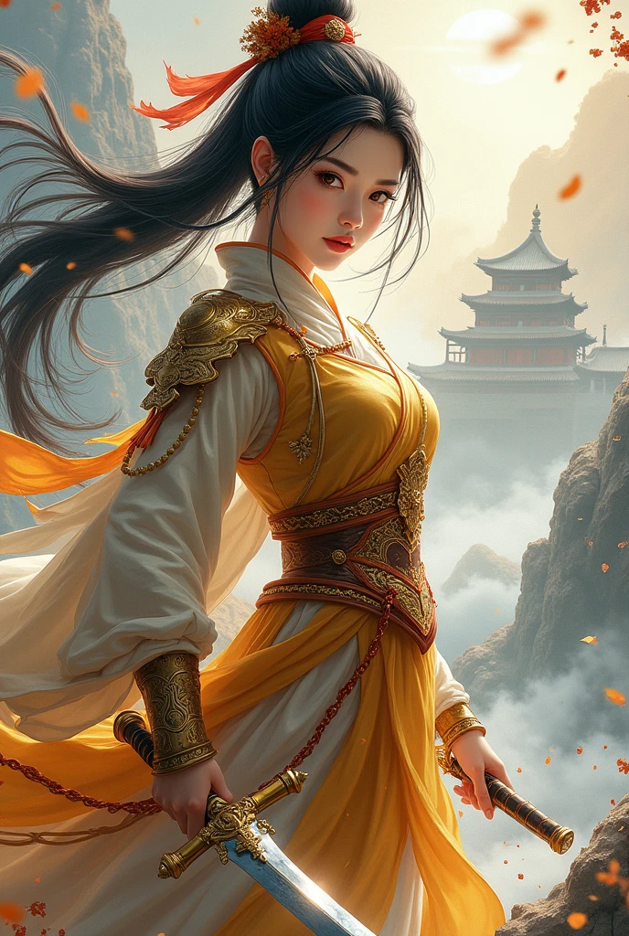 (Photorealistic, RAW, 16K, Masterpiece, UHD), full body, splash-ink tai chi illustration, yin yang illustration, Chinese Wuxia (real sexy Dilraba Dilmurat), ponytail, dramatic angle, looking_at_viewer,(fluttered detailed ink splashs), (illustration),(((1 girl))),(long hair), (Beautiful face), ,(rain:0.6),((expressionless ,Carmine hair ornament:1.4)),(There is a palace far away from the girl),chinese clothes,((focus on the girl)), color Ink wash painting,(ink splashing),(Huaqing splashing),((colorful)),[sketch],best quality, beautifully painted,highly detailed,(denoising:0.7),[splash ink],yin yang, tai chi, perfect hand, perfect fingers, beautiful eyes, ,xuer Ancient golden armor, Dual Sword,Weapon, A Chinese Wuxia girl with power of ice, lava, and tsunami: soaring upward on bio-mechanical wings, her piercing gaze commands respect, with a sword shining bright, reflecting elemental forces within swirling smoke, surrounded by enthralling sparks, amidst an otherworldly landscape.
