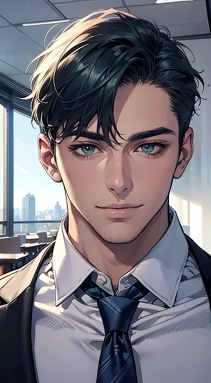 (Highest quality,4K,8K,High resolution,masterpiece:1.2),Super detailed,(Realistic,photoRealistic,photo-Realistic:1.37),1 personld,Mature Men,Beautiful skin、very handsome,Expressionless smile in love,Short blue hair,green eyes,Sharp Eyes,A perfect face without a doubt,Businessman, CEO, Office Background,Cinema Lighting,HDR image,tie、