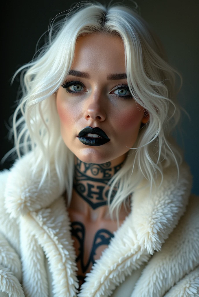 Ultra gorgeous woman with beautiful wavy white hair, gothic black makeup and lipstick, professional studio photography, 4K face resolution, soft smart blur, Gucci white fur fashion, stylish, alluring skin, erotic clothing, realistic curves, ultra realistic, ultra detailed, Masterful Render, inked tattoos, amazing background design, trending on artstation, sharp focus, studio photo, intricate details, highly detailed, by greg rutkowski