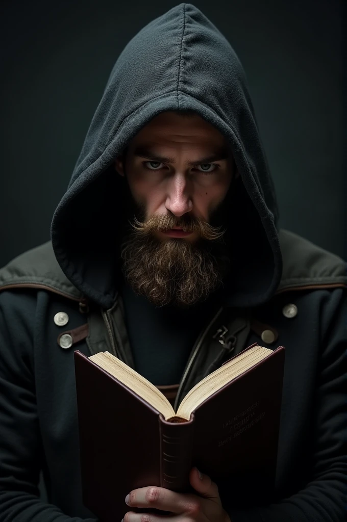 Front photo of a handsome mysterious muscular 22 year old Viking man with a medium brown beard and hooded in a dark environment holding a Bible