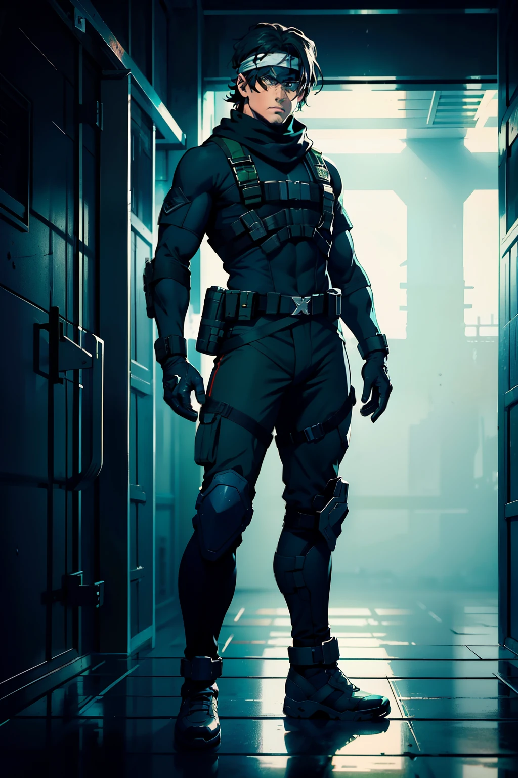 Solid metal snake character,  boy , Caucasian, cabello negro, ojos azules, Tactical combat equipment, Black tactical diver clothing, Bandana, realista, Detallado, cold color palette, Verde Oscuro, Cultura pop, natural  lighting, Luz solar filtrada, Detalles realistas,full body, 