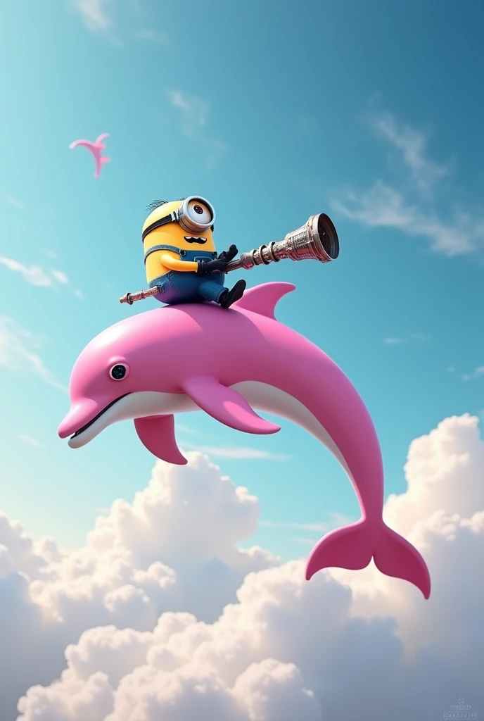 A pink dolphin flying in the sky with a minion on top of it with a cannon in its hands