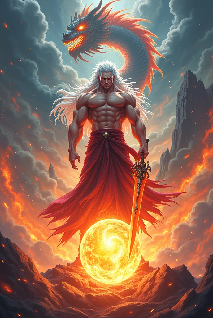 Drawing of a muscular anime character with super long white hair on his hand he is holding a fire dragon sword under his feet he is stepping on the multiverse ball behind him is a fire dragon