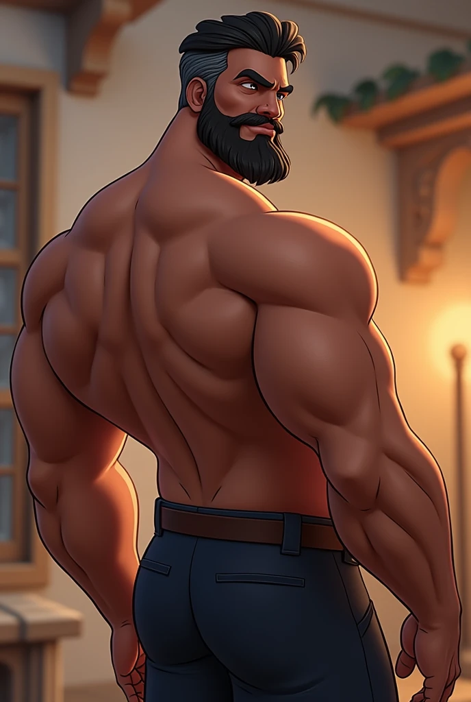 Animated character of a not very tall man, with broad back, black beard with a little grey and dark hair with grey on the sides, slightly sexy
